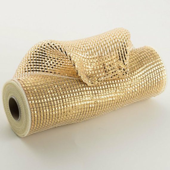 Poly Deco Mesh |   10" Poly Mesh Rolls: Deluxe Wide Cream With Gold Foil Deco Mesh Cream,Gold