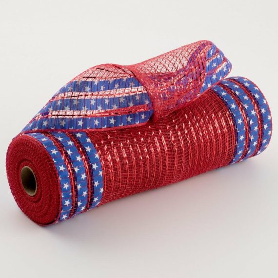 Poly Deco Mesh |   10" Ruffle Patterned Mesh: Red Metallic With Royal Blue & White Stars Deco Mesh Blue,Red,White