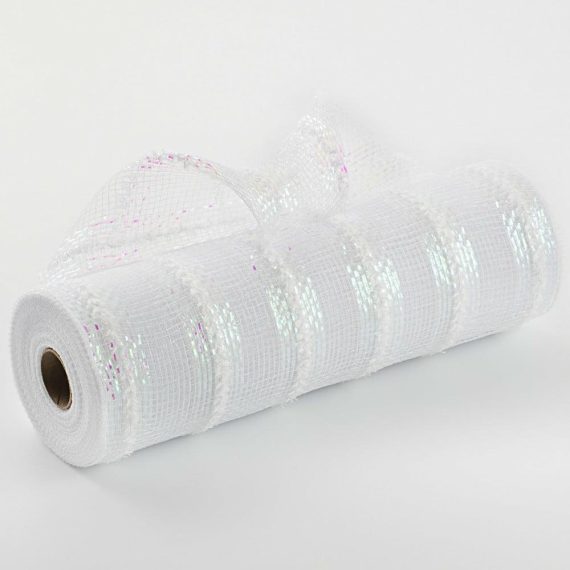 Poly Deco Mesh |   10" Wide Iridescent Fuzzy Stripe Mesh: White Deco Mesh Poly Deco Mesh