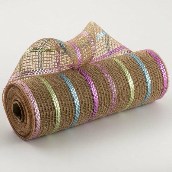 Burlap And Jute Deco Mesh |   10" Poly Jute Matte Stripe Mesh: Natural & Metallic Pastels Burlap And Jute Deco Mesh Burlap And Jute Deco Mesh