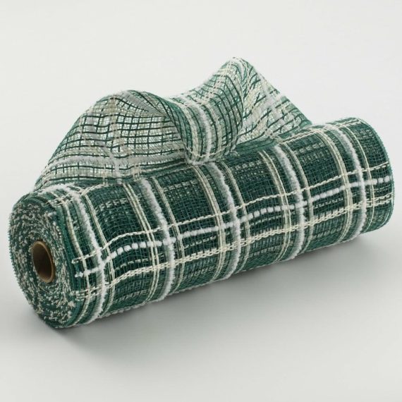 Fabric Mesh |   10" Fabric Plaid Mesh: Green Jute, Cream & White Fuzz Deco Mesh Fabric Mesh