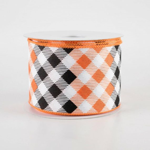 Fabric Ribbon |   2.5" Linen Diamond Ombré Check Ribbon: Orange & Black (10 Yards) Fabric Ribbon Fabric Ribbon