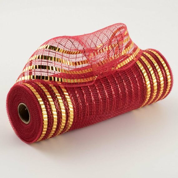 Poly Deco Mesh |   10" Matte Xl Wide Foil Border Mesh: Red & Gold Deco Mesh Poly Deco Mesh