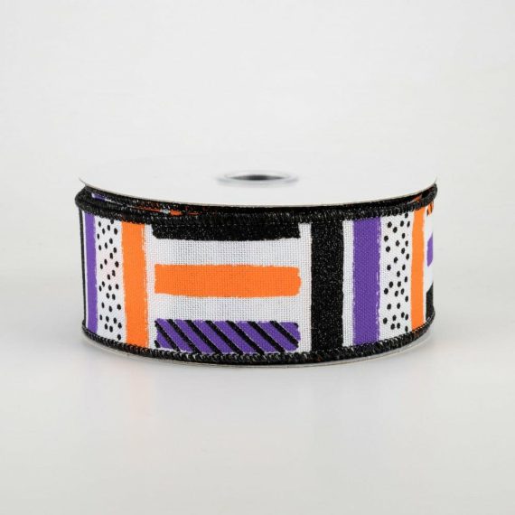 Fabric Ribbon |   1.5" Brush Stroke Stripes Dots Ribbon: White, Black, Orange, Purple (10 Yards) Fabric Ribbon Black,Orange,Purple,White