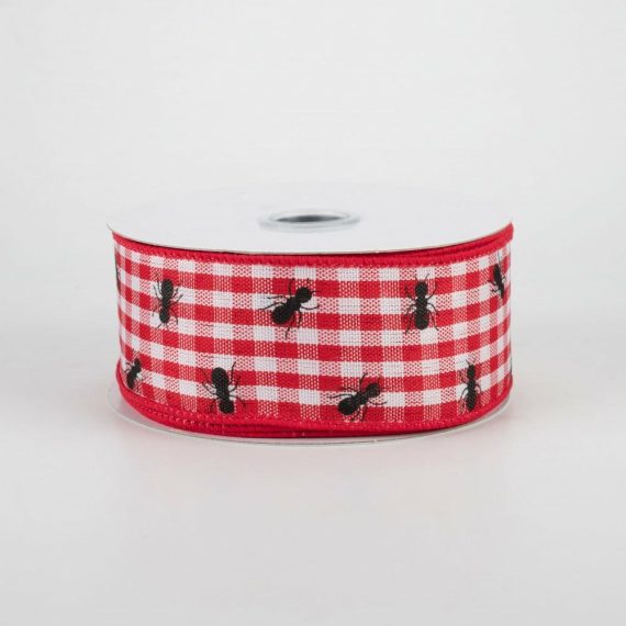 Fabric Ribbon |   1.5" Picnic Ants Gingham Ribbon: Red (10 Yards) Fabric Ribbon Fabric Ribbon