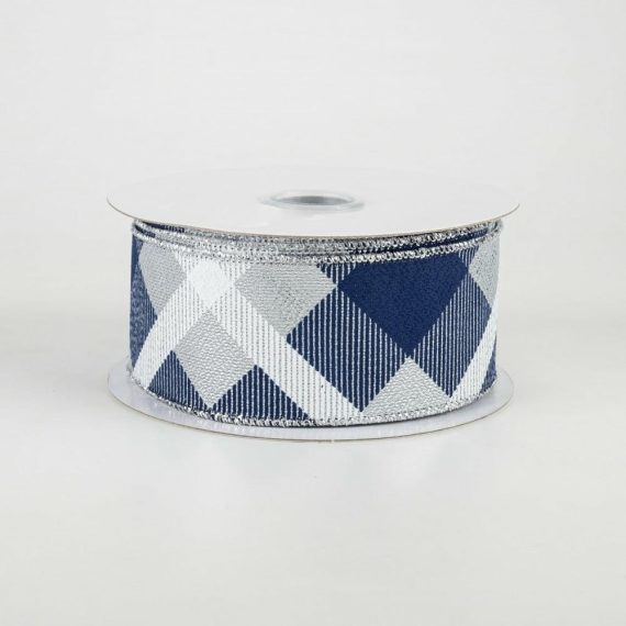 Fabric Ribbon |   1.5" Printed Plaid Metallic Ribbon: Silver, Navy, White (10 Yards) Fabric Ribbon Blue,Navy,Silver