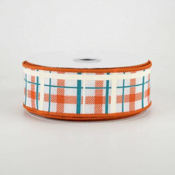 Fabric Ribbon |   1.5" Printed Plaid Ribbon: White, Dark Orange, Turquoise (10 Yards) Fabric Ribbon Blue,Teal,Orange,White,Cream,Rust