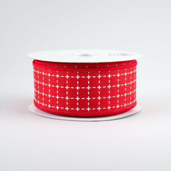 Fabric Ribbon |   1.5" Stitched Squares Ribbon: Red & White (10 Yards) Fabric Ribbon Fabric Ribbon