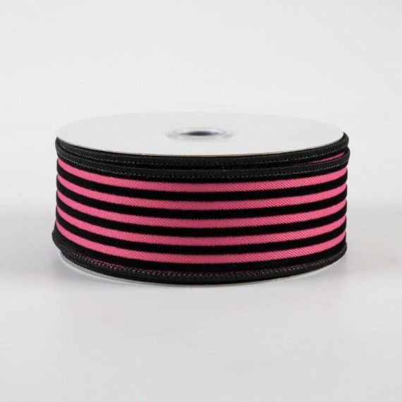 Fabric Ribbon |   1.5" Velvet Vertical Thin Lines Ribbon: Hot Pink & Black (10 Yards) Fabric Ribbon Black,Pink,Fuchsia