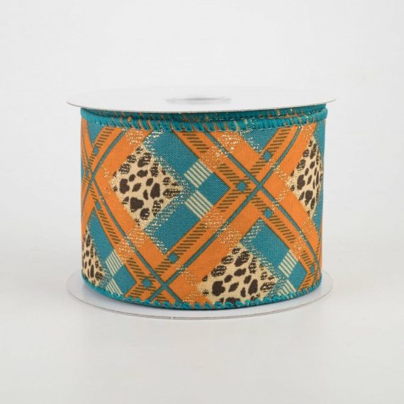 Fabric Ribbon |   2.5" Cheetah Argyle Plaid Satin Ribbon: Teal & Orange (10 Yards) Fabric Ribbon Fabric Ribbon