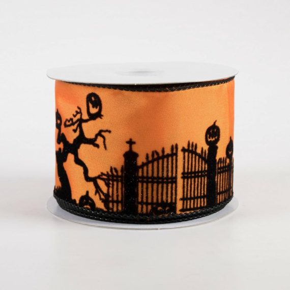 Fabric Ribbon |   2.5" Satin Flocked Halloween Scene Ribbon: Orange (10 Yards) Fabric Ribbon Black,Orange